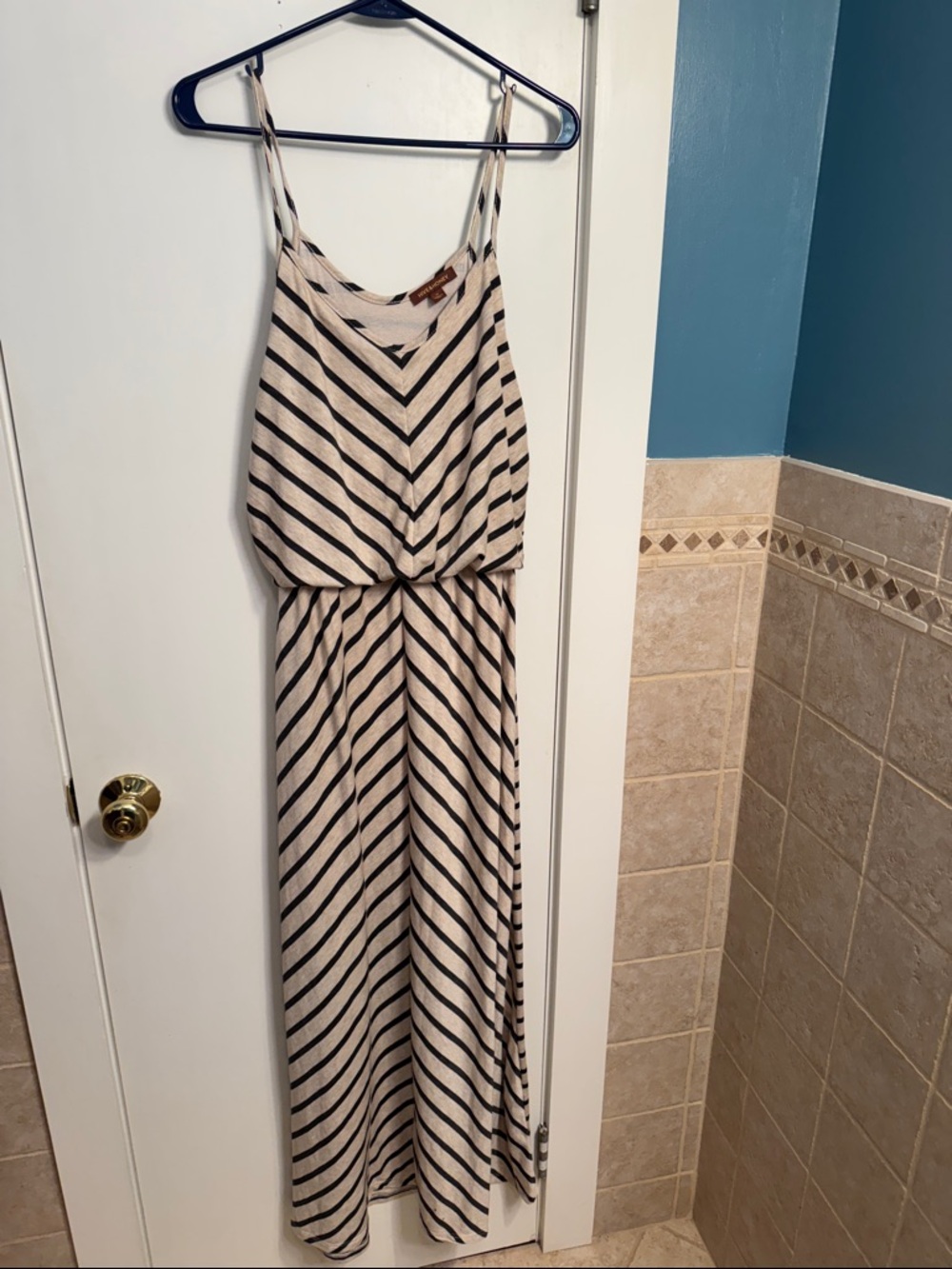 Hive & Honey Beige and Black Striped Spaghetti Strap Maxi Dress
